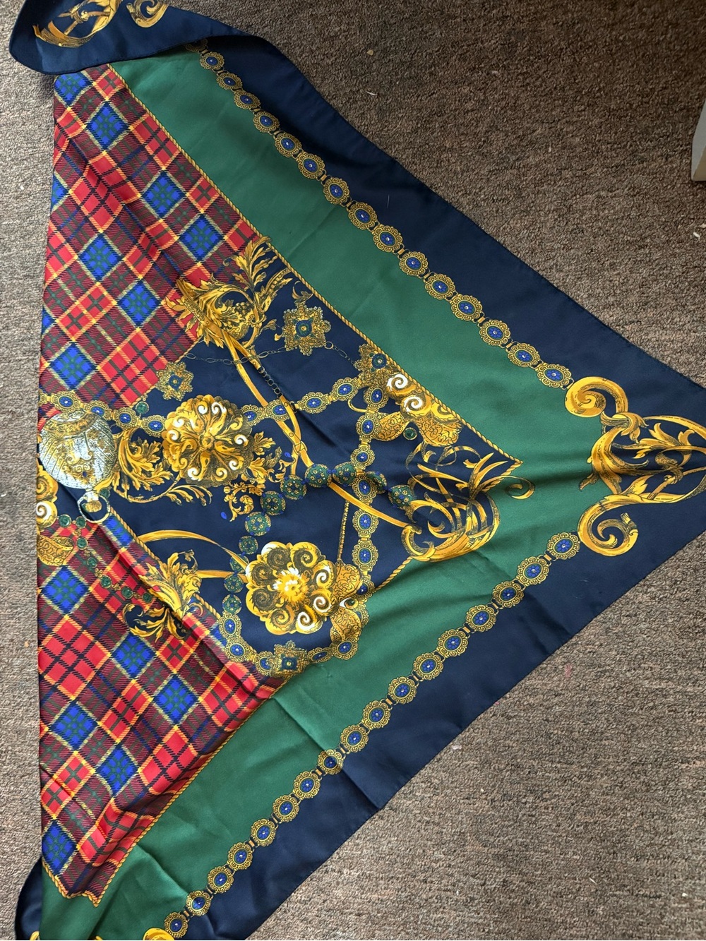 Must Have Baroque Plaid Silk-Style Scarf in Green, Navy & Red